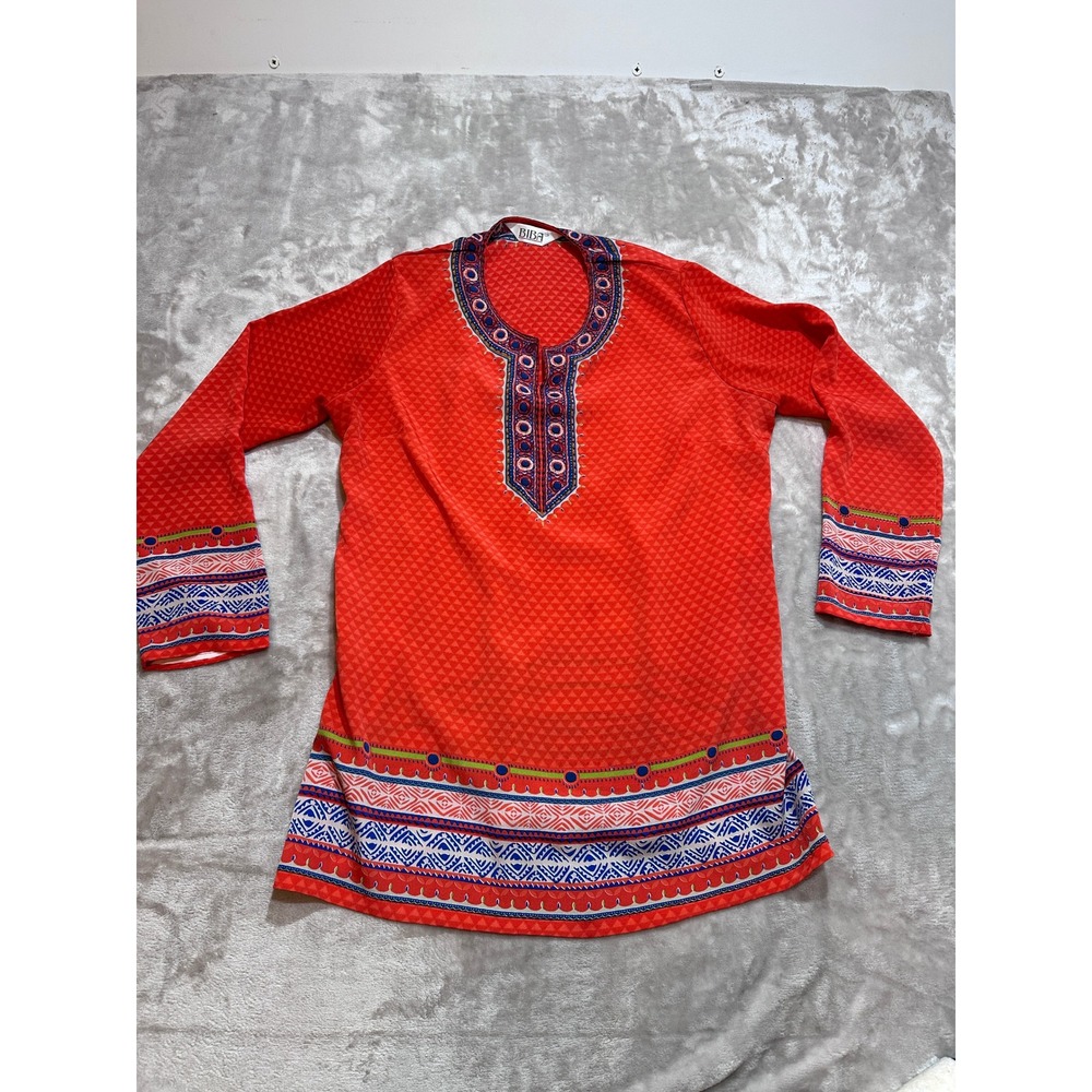 Biba Orange Geometric Patterned Tunic Top Long Sleeve Split Neck Sz M